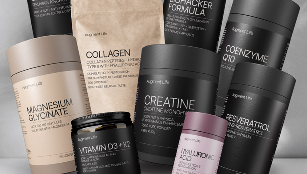 Augment Life papildai: magnio glicinatas, kreatinas, kofermentas Q10, vitaminas D3 + K2 ir kiti